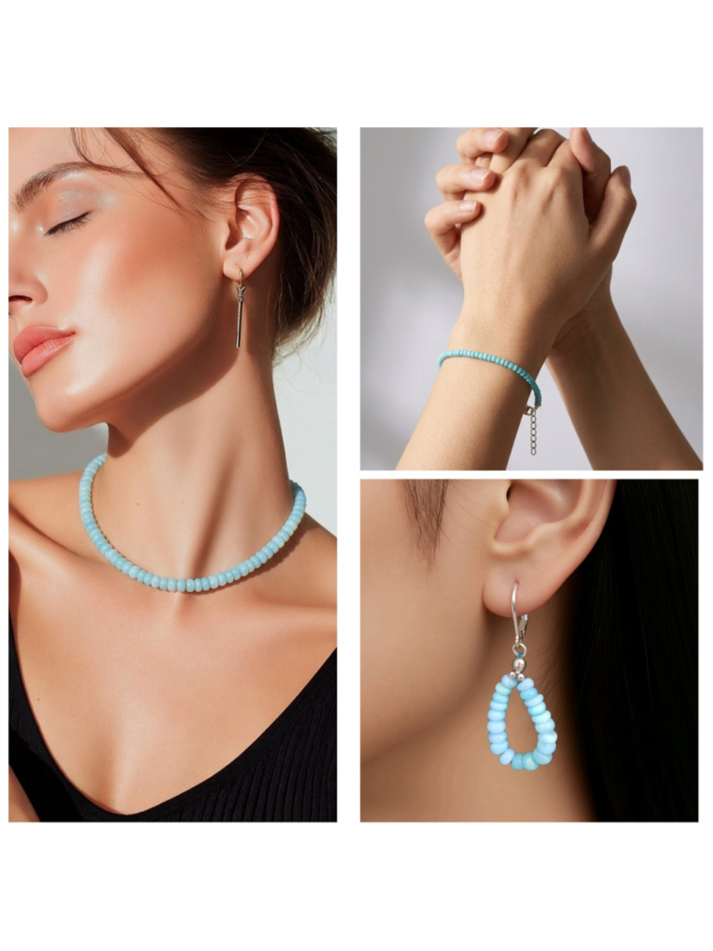 925 Sterling silver Light Blue Beaded Jewelry Set/Necklace, bracelet, earrinngs